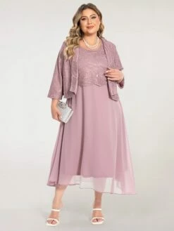 Women‘s Plus Size Curve Dress Set Solid Color Crew Neck Half Sleeve Spring Fall Elegant Maxi Long Dress Formal Party Dress