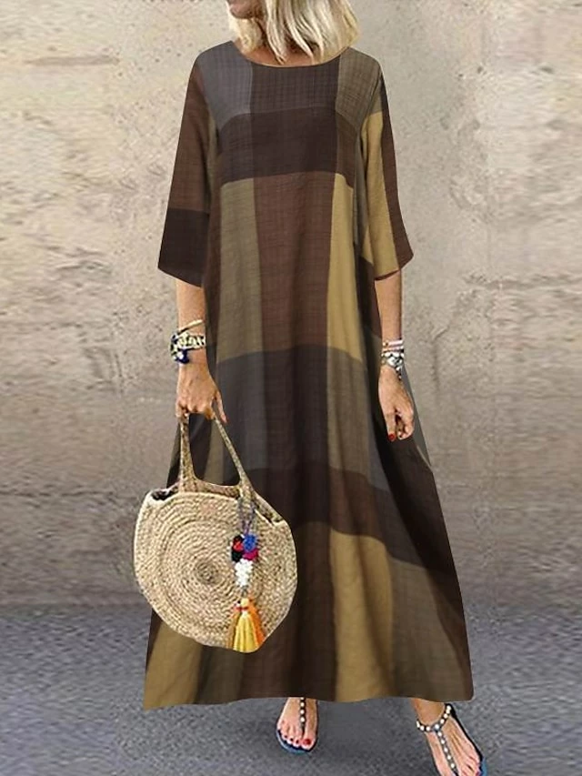 Women's Casual Dress Cotton Linen Dress Shift Dress Maxi Long Dress Cotton Blend Fashion Casual Outdoor Daily Going Out Boat Neck Print 3/4 Length Sleeve Summer Spring 2023 Loose Fit Red Khaki Dark 4 Women's Casual Dress Cotton Linen Dress Shift Dress Maxi Long Dress Cotton Blend Fashion Casual Outdoor Daily Going Out Boat Neck Print 3/4 Length Sleeve Summer Spring 2023 Loose Fit Red Khaki Dark - Image 2