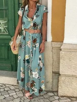 Women's Shirt Dress Shift Dress Maxi Long Dress Outdoor Winter Dress Daily Cotton Blend Stylish Casual Shirt Collar With Belt Tie Belt Short Sleeve Summer Spring Fall 2023 Regular Fit Yellow Blue -LIGHTINTHEBOX Shop rwghqe1642065324889