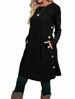 Women's Work Dress Casual Dress A Line Dress Fashion Daily Mini Dress Button Pocket Crew Neck Long Sleeve Plain Loose Fit Black Pink Gray Fall Winter S M L XL XXL -LIGHTINTHEBOX Shop rwoesg1697185359997