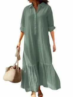 Women's Casual Dress Cotton Dress Swing Dress Maxi Long Dress Cotton Basic Classic Outdoor Daily Vacation Shirt Collar Ruched Button Long Sleeve Spring Fall Winter 2023 Loose Fit Blue Green Khaki -LIGHTINTHEBOX Shop rwyrza1695283867219
