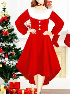 Womenâs Christmas Retro Elegant Vintage Dress Midi Dress Party Patchwork Button Plain Square Neck Long Sleeve Regular Fit Fall Winter 2023 Red S M L XL