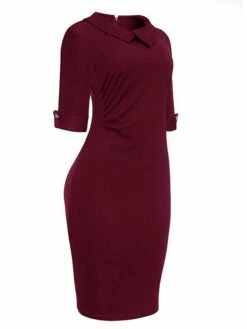 Women's Work Dress Sheath Dress Semi Formal Dress Fashion Office Daily Workfashion Midi Dress Ruched Shirt Collar Half Sleeve Plain Slim Black Wine Navy Blue Fall Winter S M L XL XXL -LIGHTINTHEBOX Shop rxpjcd1695030993413