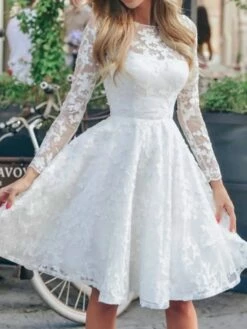 Women‘s Lace Dress Homecoming Dress Winter Dress Knee Length Dress White Long Sleeve Pure Color Lace Winter Fall Autumn Crew Neck Party Party Winter Dress Birthday 2023 S M L XL