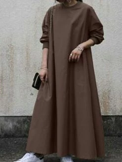 Women's Work Dress Shift Dress Semi Formal Dress Fashion Long Dress Maxi Dress Pocket Crew Neck Long Sleeve Plain Loose Fit Black Brown Light Blue Fall Winter S M L XL XXL -LIGHTINTHEBOX Shop rxtgll1693895815787