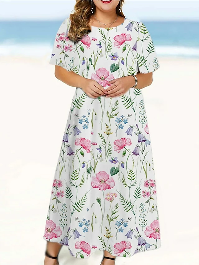Women‘s Plus Size Curve Casual Dress Floral Long Dress Maxi Dress Short Sleeve Print Crew Neck Fashion Outdoor White Red Summer Spring L XL XXL 3XL 4XL 4 Women‘s Plus Size Curve Casual Dress Floral Long Dress Maxi Dress Short Sleeve Print Crew Neck Fashion Outdoor White Red Summer Spring L XL XXL 3XL 4XL - Image 2