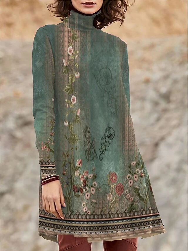 Women's Work Dress Casual Dress Swing Dress Fashion Winter Dress Daily Mini Dress Print Turtleneck Long Sleeve Floral Regular Fit Blue Green Fall Winter S M L XL XXL 5 Women's Work Dress Casual Dress Swing Dress Fashion Winter Dress Daily Mini Dress Print Turtleneck Long Sleeve Floral Regular Fit Blue Green Fall Winter S M L XL XXL - Image 3