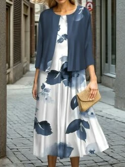 Women's Two Piece Dress Set Casual Dress Swing Dress Outdoor Office Fashion Streetwear Print Midi Dress Crew Neck 3/4 Length Sleeve Leaf Floral Regular Fit Blue Fall Winter S M L XL XXL