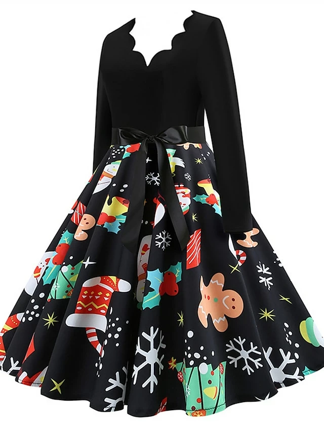 Women's Christmas Retro 1950s Vintage Dress Midi Dress Party Ruched Bow Fruit V Neck Long Sleeve Regular Fit Fall Winter 2023 Deep Green Black S M L XL 11 Women's Christmas Retro 1950s Vintage Dress Midi Dress Party Ruched Bow Fruit V Neck Long Sleeve Regular Fit Fall Winter 2023 Deep Green Black S M L XL - Image 9