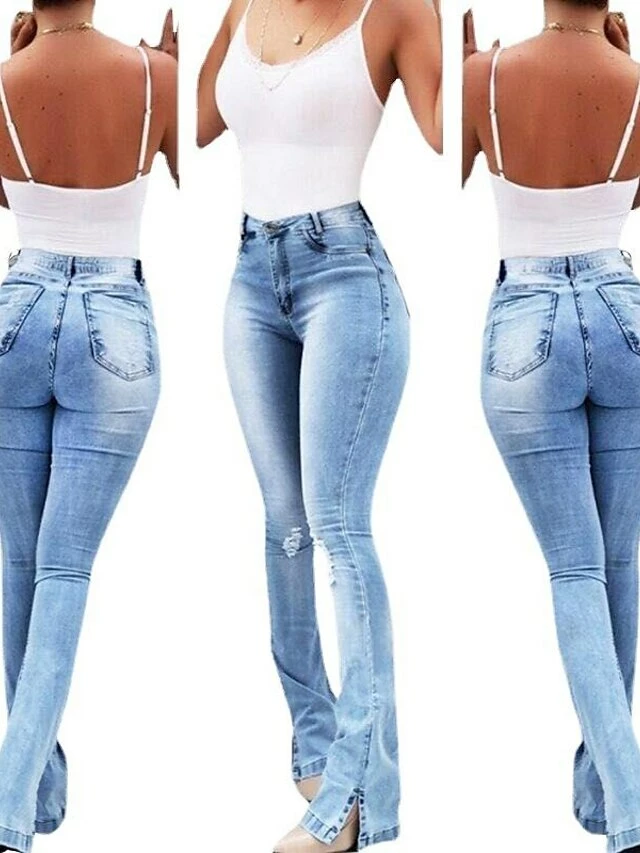 Women‘s Flare Jeans Pants Trousers Full Length Denim Split High Elasticity High Waist Fashion Casual Office Vacation Light Blue Bule S M Autumn / Fall 4 Women‘s Flare Jeans Pants Trousers Full Length Denim Split High Elasticity High Waist Fashion Casual Office Vacation Light Blue Bule S M Autumn / Fall - Image 2