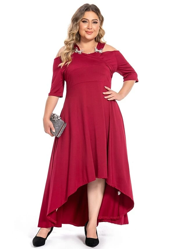 Women‘s Plus Size Curve Party Dress Swing Dress Formal Dress Solid Color Midi Dress Half Sleeve Hollow Out Plus High Low V Neck Elegant Party Black White Summer Spring L XL XXL 3XL 4XL 4 Women‘s Plus Size Curve Party Dress Swing Dress Formal Dress Solid Color Midi Dress Half Sleeve Hollow Out Plus High Low V Neck Elegant Party Black White Summer Spring L XL XXL 3XL 4XL - Image 2