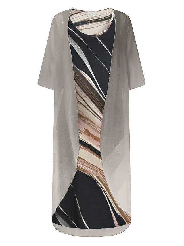 Women's Two Piece Dress Set Casual Dress Print Dress Outdoor Daily Fashion Modern Print Midi Dress Crew Neck Half Sleeve Floral Ombre Loose Fit Beige Summer Spring M L XL XXL 3XL 4 Women's Two Piece Dress Set Casual Dress Print Dress Outdoor Daily Fashion Modern Print Midi Dress Crew Neck Half Sleeve Floral Ombre Loose Fit Beige Summer Spring M L XL XXL 3XL - Image 2