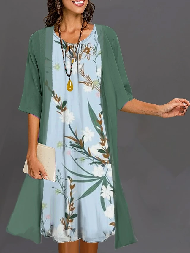 Women's Two Piece Dress Set Casual Dress Dress Set Outdoor Daily Fashion Elegant Print Midi Dress Crew Neck 3/4 Length Sleeve Floral Regular Fit White Blue Green Summer Spring S M L XL XXL 5 Women's Two Piece Dress Set Casual Dress Dress Set Outdoor Daily Fashion Elegant Print Midi Dress Crew Neck 3/4 Length Sleeve Floral Regular Fit White Blue Green Summer Spring S M L XL XXL - Image 3