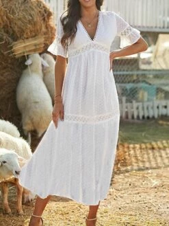 Women's Long Dress Maxi Dress Party Dress Casual Dress Sundress Pure Color Basic Casual Outdoor Daily Vacation Lace Patchwork Half Sleeve V Neck Dress Loose Fit White Summer Spring S M L XL XXL -LIGHTINTHEBOX Shop scjcck1678356608085