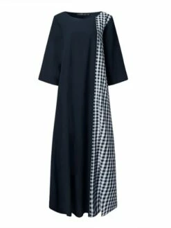 Women's Casual Dress Cotton Linen Dress A Line Dress Maxi Long Dress Cotton Blend Casual Outdoor Daily Crew Neck Print 3/4 Length Sleeve Summer Spring 2023 Loose Fit Black Red Navy Blue Plaid M L XL -LIGHTINTHEBOX Shop sckdxx1672903677844