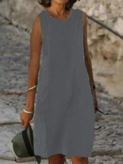 Women's Casual Dress Cotton Dress Shift Dress Midi Dress Cotton Blend Fashion Basic Outdoor Daily Vacation U Neck Pocket Sleeveless Summer Spring Fall 2023 Loose Fit Light Blue Black White Plain S M -LIGHTINTHEBOX Shop scsbfn1683783828743