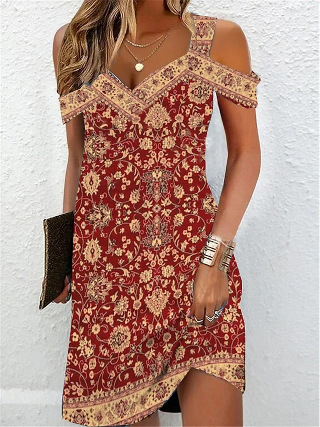 Women's Casual Dress Ethnic Dress Summer Dress Floral Tribal Cold Shoulder Print Strap Mini Dress Vintage Ethnic Outdoor Daily Short Sleeve Regular Fit Black Wine Red Summer Spring S M L XL XXL 6 Women's Casual Dress Ethnic Dress Summer Dress Floral Tribal Cold Shoulder Print Strap Mini Dress Vintage Ethnic Outdoor Daily Short Sleeve Regular Fit Black Wine Red Summer Spring S M L XL XXL - Image 4