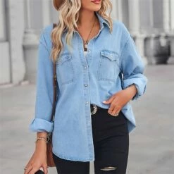 Blouse Women's Light Blue Solid / Plain Color Button-Down Daily Going Out Classic Shirt Collar Denim Regular Fit S