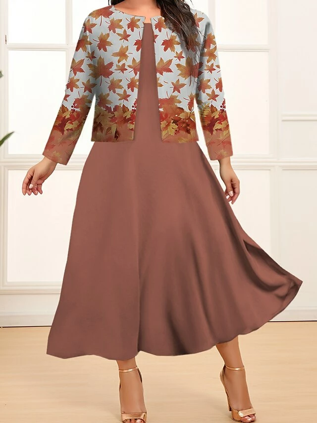 Women's Plus Size Two Piece Dress Set Casual Dress Swing Dress Outdoor Office Fashion Streetwear Print Midi Dress Crew Neck Long Sleeve Floral Plaid Regular Fit Pink Dark Pink Blue Fall Winter L XL 5 Women's Plus Size Two Piece Dress Set Casual Dress Swing Dress Outdoor Office Fashion Streetwear Print Midi Dress Crew Neck Long Sleeve Floral Plaid Regular Fit Pink Dark Pink Blue Fall Winter L XL - Image 3