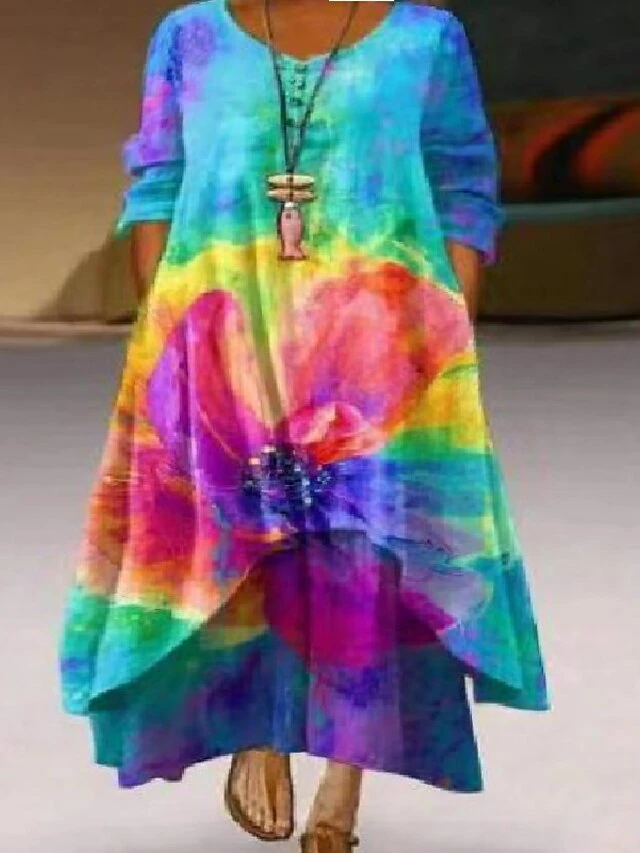 Women's Plus Size Curve Casual Dress Swing Dress Print Maxi Long Dress Long Sleeve Layered Asymmetric Crew Neck Vintage Daily Light Blue Blue Spring Fall L XL XXL XXXL 4XL 6 Women's Plus Size Curve Casual Dress Swing Dress Print Maxi Long Dress Long Sleeve Layered Asymmetric Crew Neck Vintage Daily Light Blue Blue Spring Fall L XL XXL XXXL 4XL - Image 4