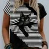 Women's T Shirt Tee Black Graphic Cat Striped Print Short Sleeve Daily Weekend Vintage Basic Round Neck Regular Fit Striped 3D Cat -LIGHTINTHEBOX Shop semovg1618478498080