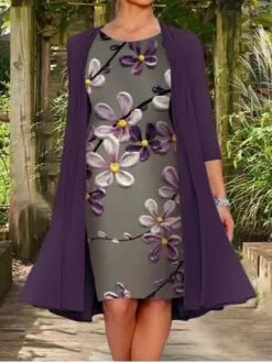 Women's Two Piece Dress Casual Dress Dress Set Shift Dress Knee Length Dress Navy Blue Blue Lavender Long Sleeve Layered Fall Autumn Crew Neck Elegant Fall Dress 2023 M L XL XXL XXXL 4XL 5XL -LIGHTINTHEBOX Shop sfwahx1629113664534