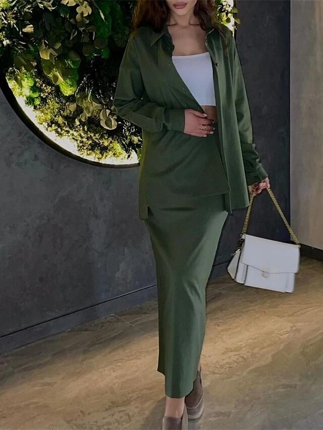 Women's Two Piece Dress Set Casual Dress Skirt Set Outdoor Daily Fashion Streetwear Button Pocket Long Dress Maxi Dress Shirt Collar Long Sleeve Plain Loose Fit Brown Green Beige Fall Winter S M L XL 6 Women's Two Piece Dress Set Casual Dress Skirt Set Outdoor Daily Fashion Streetwear Button Pocket Long Dress Maxi Dress Shirt Collar Long Sleeve Plain Loose Fit Brown Green Beige Fall Winter S M L XL - Image 4