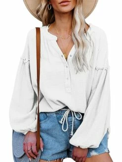 Women's Shirt Lantern Sleeve Blouse Black White Purple Plain Button Long Sleeve Casual Basic V Neck Regular Fit Lantern Sleeve Spring Fall