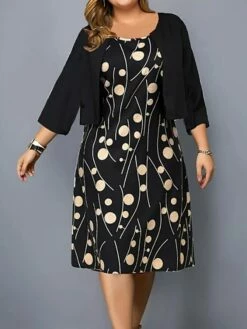 Women‘s Plus Size Curve Two Piece Dress Set Work Dress Print Dress Outdoor Office Fashion Work Print Midi Dress Crew Neck 3/4 Length Sleeve Polka Dot Regular Fit Black Apricot Fall Winter L XL XXL 3XL
