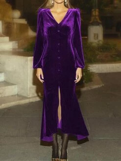 Women's Prom Dress Party Dress Velvet Dress Long Dress Maxi Dress Black Pink Wine Long Sleeve Pure Color Button Fall Winter Autumn V Neck Fashion Winter Dress Birthday Evening Party 2023 S M L XL XXL -LIGHTINTHEBOX Shop sjeaiy1693535347692