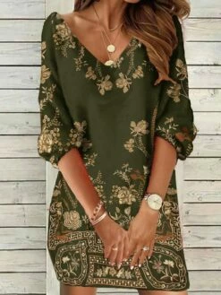 Women's Sweatshirt Dress Shift Dress Mini Dress Black Light Green Dark Green 3/4 Length Sleeve Graphic Print Spring Fall Winter V Neck Fashion Vacation Loose Fit 2023 S M L XL 2XL 3XL -LIGHTINTHEBOX Shop sjmdzh1669951758869