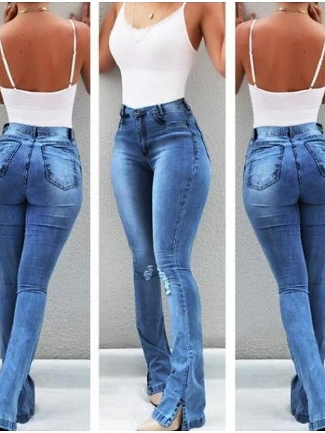 Women‘s Flare Jeans Pants Trousers Full Length Denim Split High Elasticity High Waist Fashion Casual Office Vacation Light Blue Bule S M Autumn / Fall 9 Women‘s Flare Jeans Pants Trousers Full Length Denim Split High Elasticity High Waist Fashion Casual Office Vacation Light Blue Bule S M Autumn / Fall - Image 7
