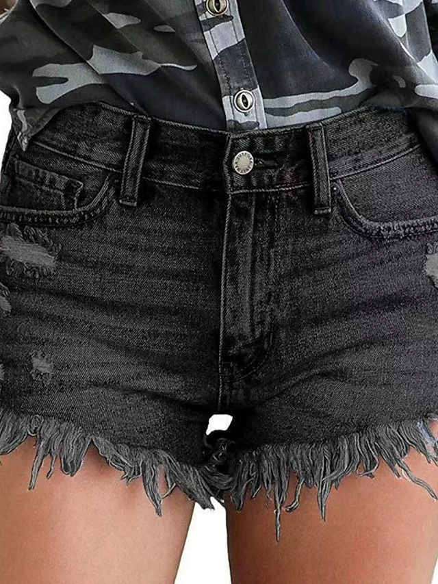 Women's Jeans Shorts Denim Navy Blue Grey Mid Waist Fashion Casual Weekend Tassel Fringe Side Pockets Micro-elastic Short Comfort Plain S M L XL 2XL / Cut Out 5 Women's Jeans Shorts Denim Navy Blue Grey Mid Waist Fashion Casual Weekend Tassel Fringe Side Pockets Micro-elastic Short Comfort Plain S M L XL 2XL / Cut Out - Image 3