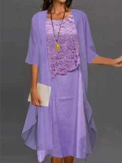 Women's Dress Set Two Piece Dress Shift Dress Midi Dress Light Blue Light Grey Half Sleeve Pure Color Lace Summer Spring Crew Neck Elegant Wedding Guest Loose Fit 2023 S M L XL XXL 3XL -LIGHTINTHEBOX Shop sjydww1650339346981