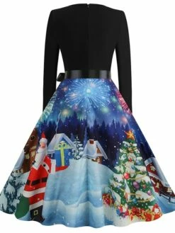 Women's Christmas Casual Dress Swing Dress Midi Dress Blue Purple Royal Blue Light Blue White Long Sleeve Santa Claus Elk Tree Bow Print Winter Fall V Neck Vacation Vintage 2022 S M L XL -LIGHTINTHEBOX Shop slnshq1666927315574