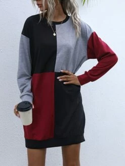 Women's Casual Dress Hoodie Dress Mini Dress Fashion Daily Outdoor Home Vacation Crew Neck Patchwork Print Loose Fit Blue Army Green Dark Gray S M L XL -LIGHTINTHEBOX Shop slxbay1693535792867