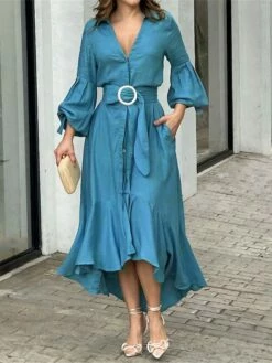 Women's Shirt Dress Casual Dress Swing Dress Maxi Long Dress Outdoor Office Daily Polyester Fashion Elegant Shirt Collar Ruffle Button 3/4 Length Sleeve Summer Spring Fall 2023 Loose Fit Blue Green
