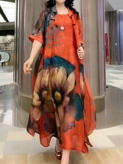 Women's Two Piece Dress Set Casual Dress Swing Dress Daily Holiday Fashion Casual Print Midi Dress Crew Neck Half Sleeve Floral Print Loose Fit Red Blue Orange Summer Spring M L XL XXL 3XL -LIGHTINTHEBOX Shop smscgy1691462020199