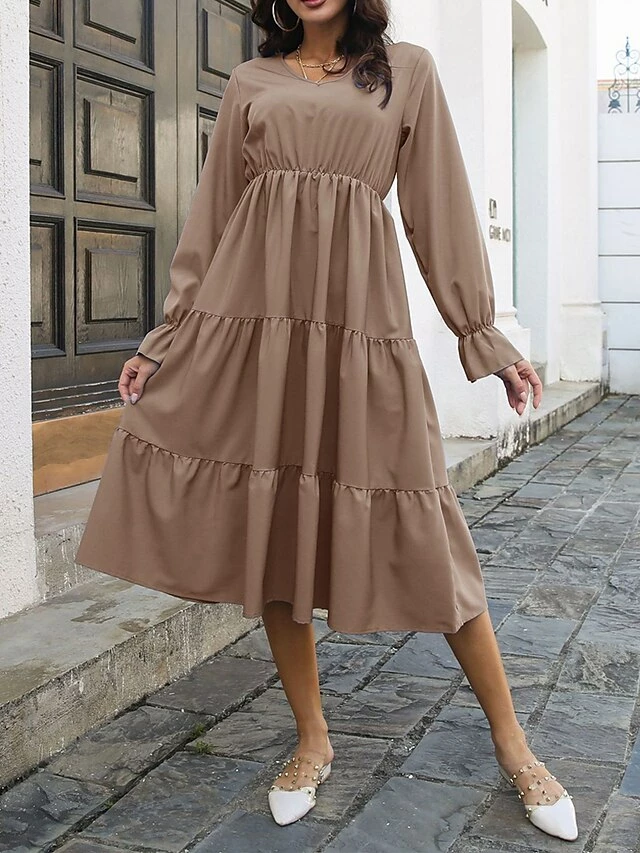 Women's Casual Dress Plain Dress Midi Dress Patchwork Outdoor Street Daily Active Fashion V Neck Long Sleeve 2023 Loose Fit Black Blue Khaki Color S M L XL XXL Size 6 Women's Casual Dress Plain Dress Midi Dress Patchwork Outdoor Street Daily Active Fashion V Neck Long Sleeve 2023 Loose Fit Black Blue Khaki Color S M L XL XXL Size - Image 4