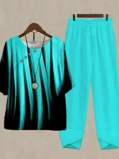 Women's Shirt Pants Sets Yellow Pink Blue Color Block Print Holiday Weekend Daily Basic Neon & Bright Round Neck Regular Fit Fall & Winter