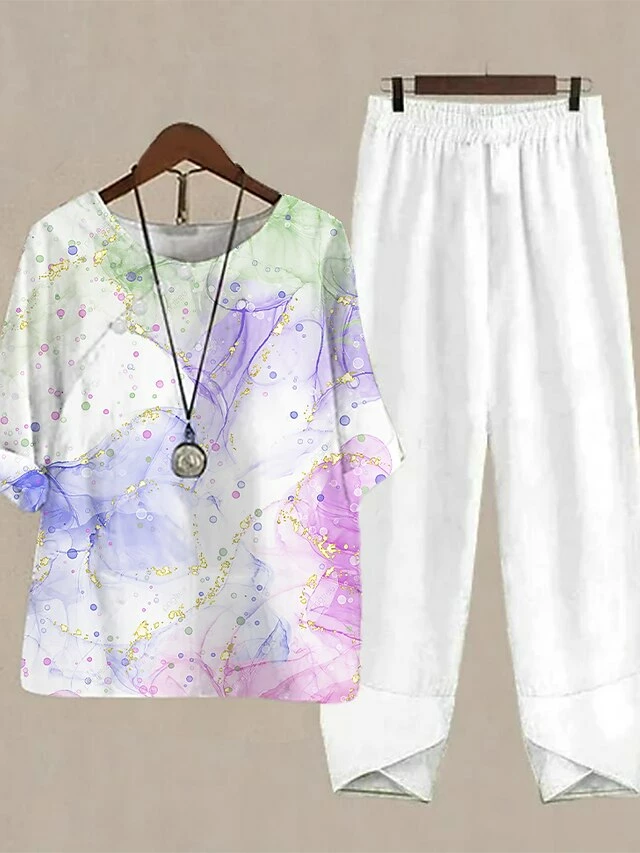 Women's Shirt Pants Sets Blue Purple Green Floral Print Half Sleeve Holiday Weekend Basic Round Neck Regular Fit Fall & Winter 4 Women's Shirt Pants Sets Blue Purple Green Floral Print Half Sleeve Holiday Weekend Basic Round Neck Regular Fit Fall & Winter - Image 2