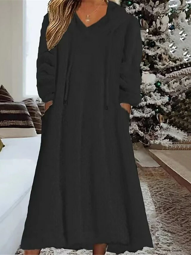 Women's Casual Dress Hoodie Dress Midi Dress Daily Basic Outdoor Vacation Going Out V Neck Pocket Solid Color Loose Fit Black White Green S M L XL XXL 5 Women's Casual Dress Hoodie Dress Midi Dress Daily Basic Outdoor Vacation Going Out V Neck Pocket Solid Color Loose Fit Black White Green S M L XL XXL - Image 3