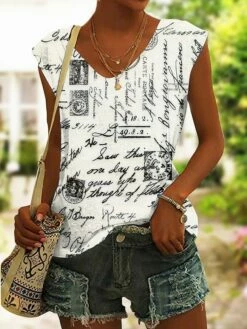 Women's Tank Top White Graphic Print Sleeveless Casual Basic V Neck Regular Fit