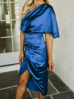 Women's Party Dress Cocktail Dress Satin Dress Midi Dress Black Gold Dark Blue Short Sleeve Pure Color Ruched Spring Fall One Shoulder Fashion Office Wedding Guest Vacation 2022 S M L XL -LIGHTINTHEBOX Shop sooirz1634955677563