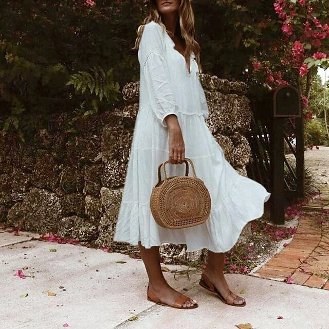 Women's Casual Dress Midi Dress White Red Dark Blue 3/4 Length Sleeve Pure Color Ruched Summer Spring V Neck Casual Loose Fit 2023 S M L XL XXL 4 Women's Casual Dress Midi Dress White Red Dark Blue 3/4 Length Sleeve Pure Color Ruched Summer Spring V Neck Casual Loose Fit 2023 S M L XL XXL - Image 2