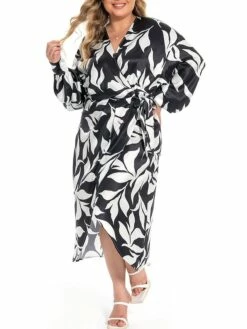 Women's Plus Size Curve Work Dress Satin Dress Wrap Dress Floral Midi Dress Long Sleeve Split V Neck Fashion Office Black Fall Winter L XL XXL 3XL 4XL -LIGHTINTHEBOX Shop spkrjt1694772969768