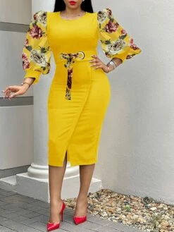 Women‘s Sheath Dress Knee Length Dress Black White Yellow Long Sleeve Floral Puff Sleeve Winter Fall Autumn Crew Neck Party Winter Dress Fall Dress Slim 2023 S M L XL XXL XXXL -LIGHTINTHEBOX Shop spmlor1630641670135