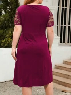 Women's Plus Size Curve Party Dress Lace Dress Semi Formal Dress Solid Color Midi Dress Short Sleeve Lace Crew Neck Fashion Party ArmyGreen Black Fall Winter XL XXL 3XL 4XL -LIGHTINTHEBOX Shop spsmyb1695813616999