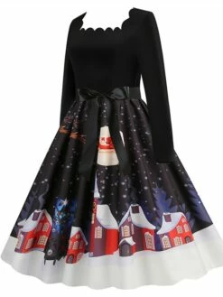 Women's Christmas Vintage Dress Midi Dress Black And White Green Black Long Sleeve Santa Claus Bow Winter Fall Autumn Square Neck Stylish Christmas Vacation 2022 S M L XL XXL 3XL -LIGHTINTHEBOX Shop spufcr1667637301338