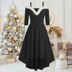 Women's Christmas Swing Dress Skater Dress Green Red Black Long Sleeve Pure Color Cold Shoulder Plus High Low Winter Fall V Neck Classic ModernFall Dress Slim 2022 S M L XL 2XL 3XL / Winter Dress -LIGHTINTHEBOX Shop sqhswq1668155198591